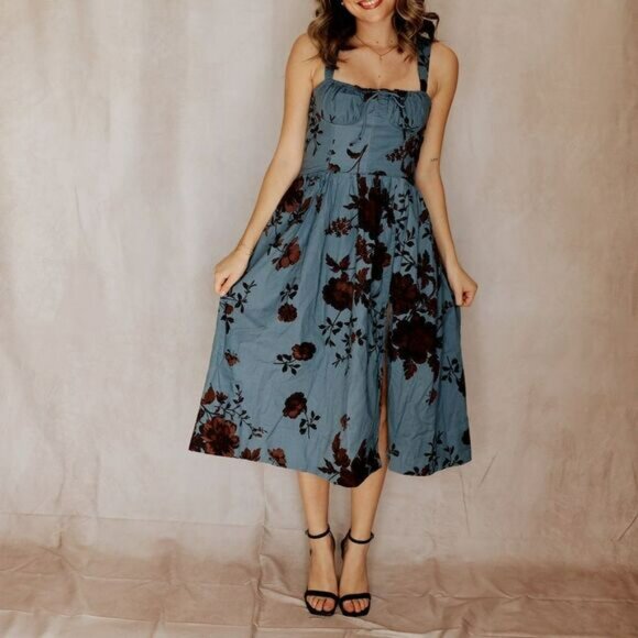 FREE PEOPLE Laters Baby Midi Dress in Storm blue and brown Combo Size Small - Picture 4 of 12